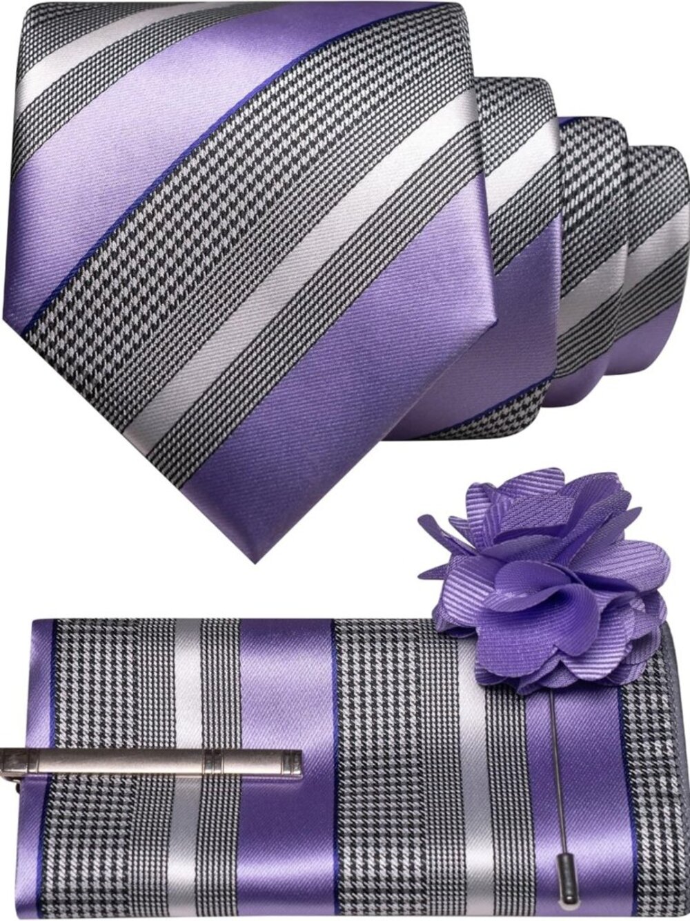 Men's Striped Necktie Set with Lapel Pin, Pocket Square & Tie Clip - 4PCS